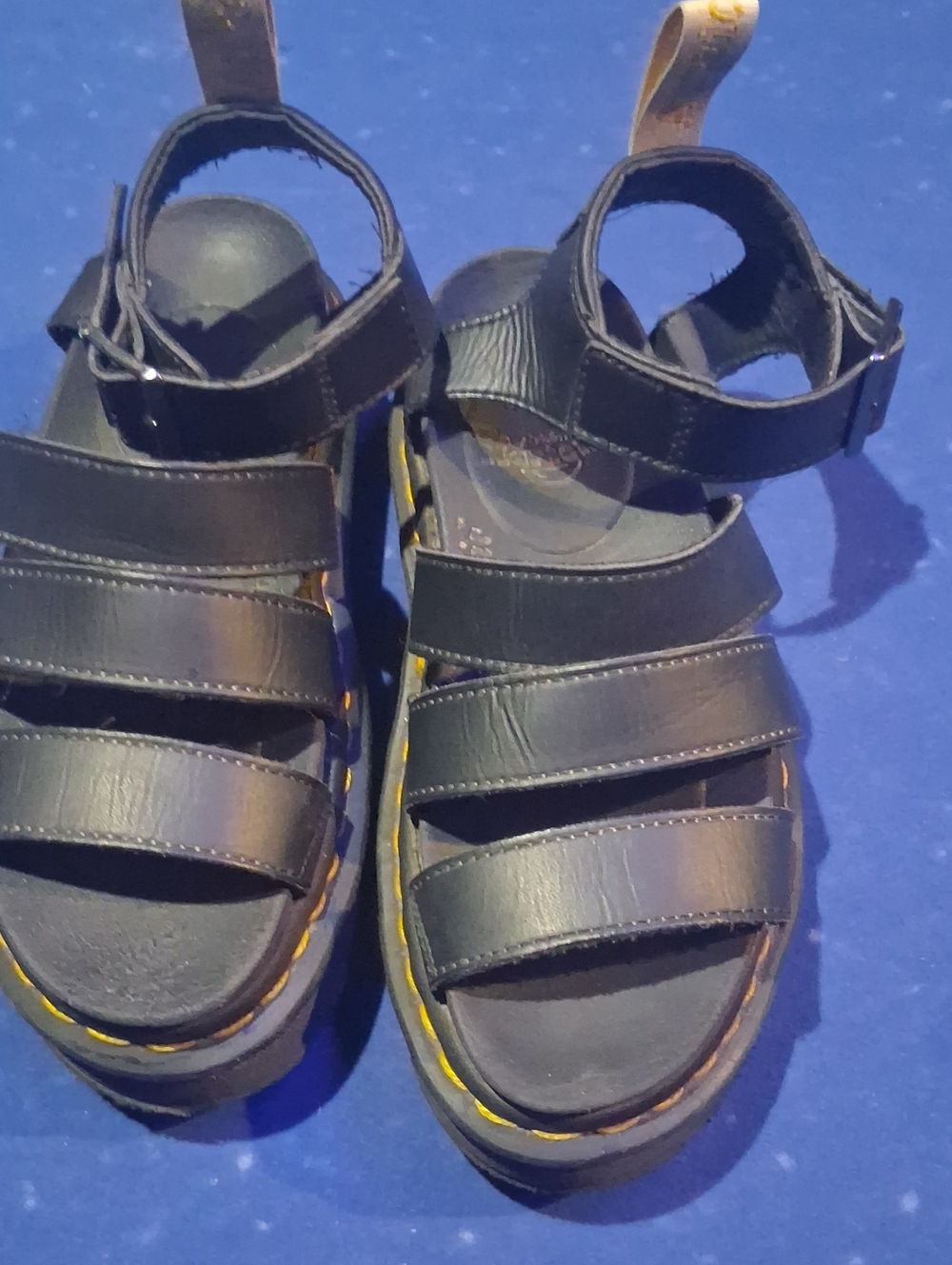 Dr. Martens Black Leather Platform Sandals with Yellow Stitching